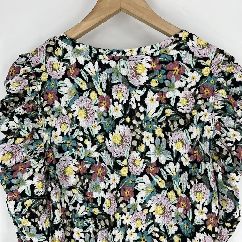 LOFT Top Size Medium Black Floral Shirred Puff Long Sleeve Shirt V Neck Stretch